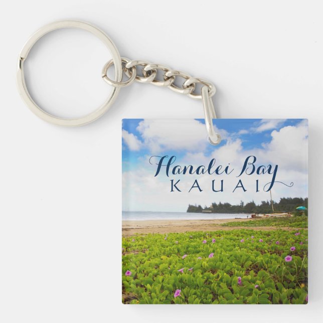 Hanalei Bay, Kauai Hawaii Beach Flowers Keychain (Front)