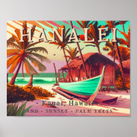 Hanalei Kauai Hawaii tropical sunset palm tree 60s