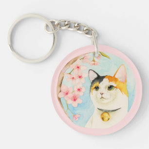 Hanami   Calico Cat and Cherry Blossom Watercolor Keychain