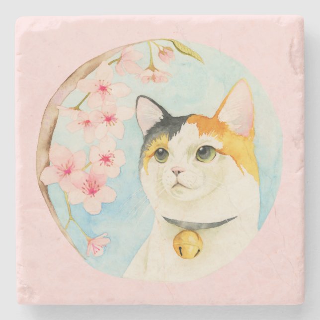 Hanami | Calico Cat and Cherry Blossom Watercolor Stone Coaster (Front)