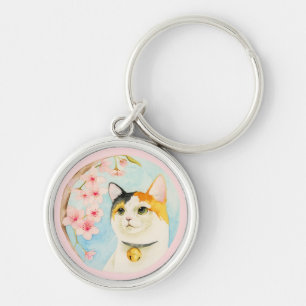 Hanami Pretty Cat and Cherry Blossom Watercolor Keychain