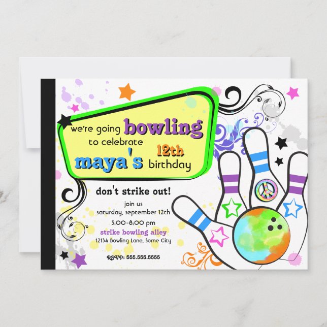 Hanche et invitation colorée de bowling (Devant)