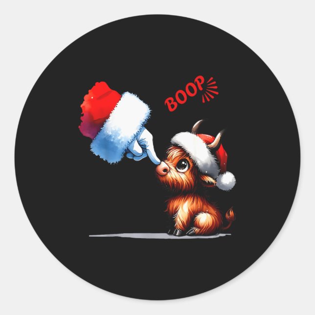 Hand Boop Christmas Highland Cow Santa Farmer Anim Classic Round Sticker (Front)