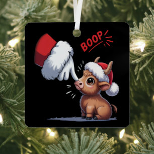 Hand Boop Christmas Highland Cow Santa Farmer Metal Ornament