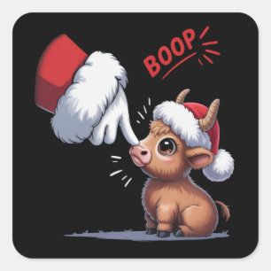 Hand Boop Christmas Highland Cow Santa Farmer Square Sticker