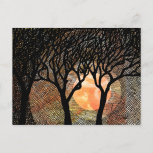 Hand Carved and Cross Hatched Trees on Orange Postcard