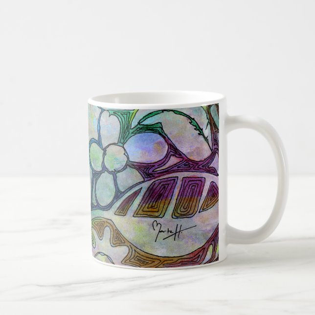 Hand Carved Leaves and Flowers - in Green Blue Coffee Mug (Right)