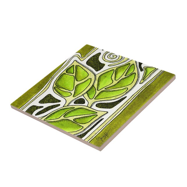 Hand Carved Leaves in Green Tile (Side)