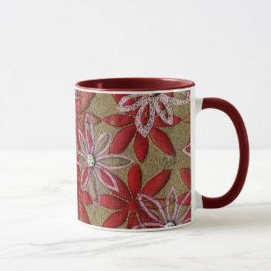 Hand Carved Quilted Red and Pink Flowers Mug