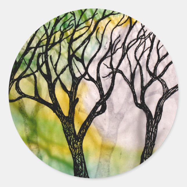 Hand Carved Trees on Rice Paper Classic Round Sticker (Front)