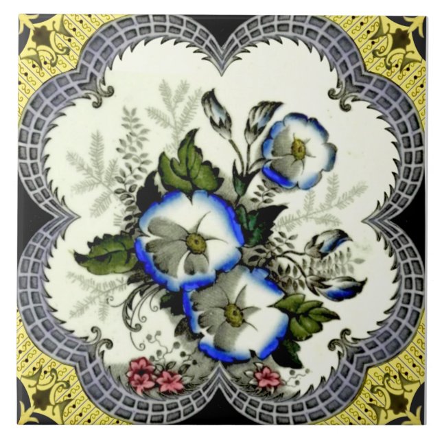 Hand Colored Victorian Framed Floral Transferware Tile (Front)