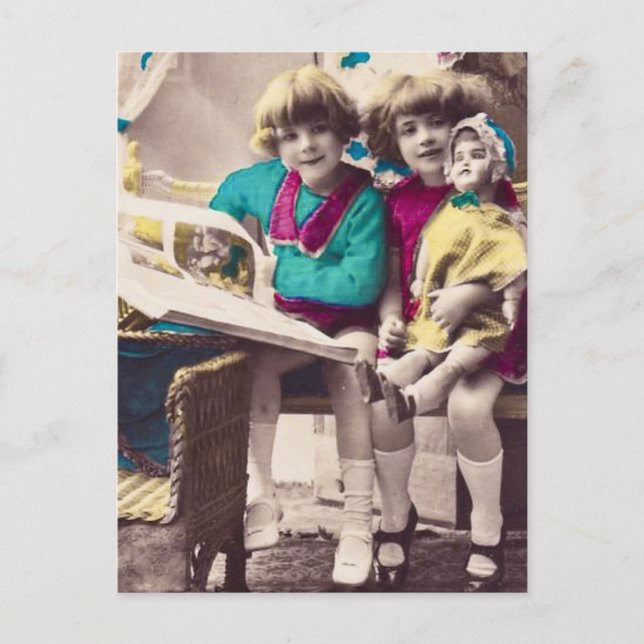 Hand Coloured Little Girls Reading Vintage Postcard (Front)