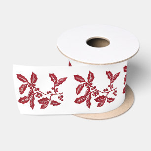 Hand-created Holly Linocut Christmas artwork Satin Ribbon