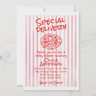 Hand Dawn Pink Pizza Special Delivery Baby Shower Invitation