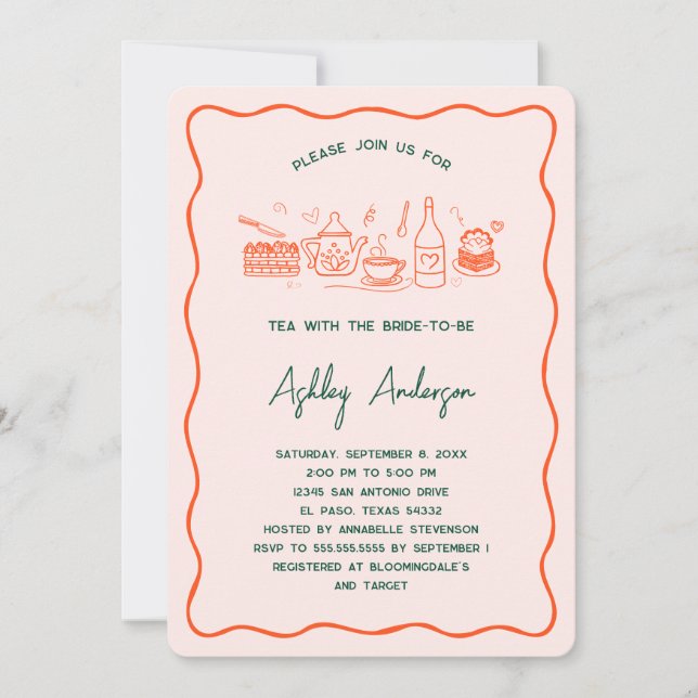Hand Doodled Whimsical Tea Bridal Shower Invitation (Front)