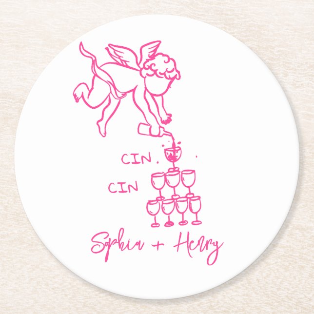 Hand draw Cin Cin Cherub Whimsical  Wedding Napkin Round Paper Coaster (Front)