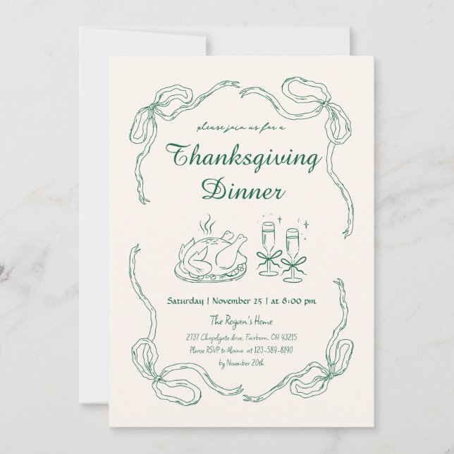 Hand Draw Doodle Whimsical Thanksgiving Dinner Invitation (Front)
