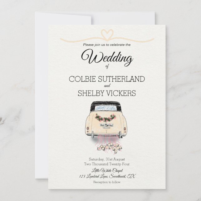 Hand Draw Vintage Car Wedding Invitation (Front)