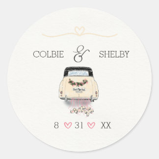 Hand Draw Vintage Car Wedding Sttcke Classic Round Sticker
