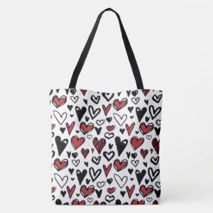 Hand Draw White,Black and Red Heart Shape  Tote Bag