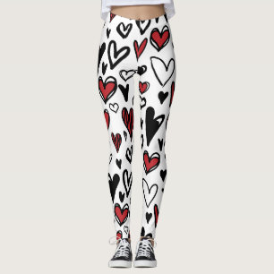 Hand Draw White, Black and Red Heart Shape Women Leggings