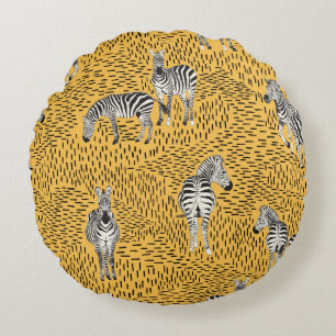 Hand draw Zebra Seamless Pattern With Line Backgro Round Pillow