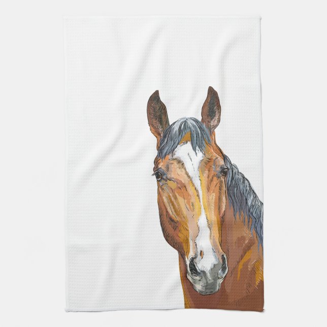 Hand drawing bay horse apron kitchen towel (Vertical)