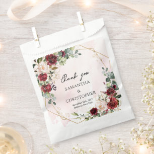 Hand drawing burgundy floral gold sage wedding favour bag