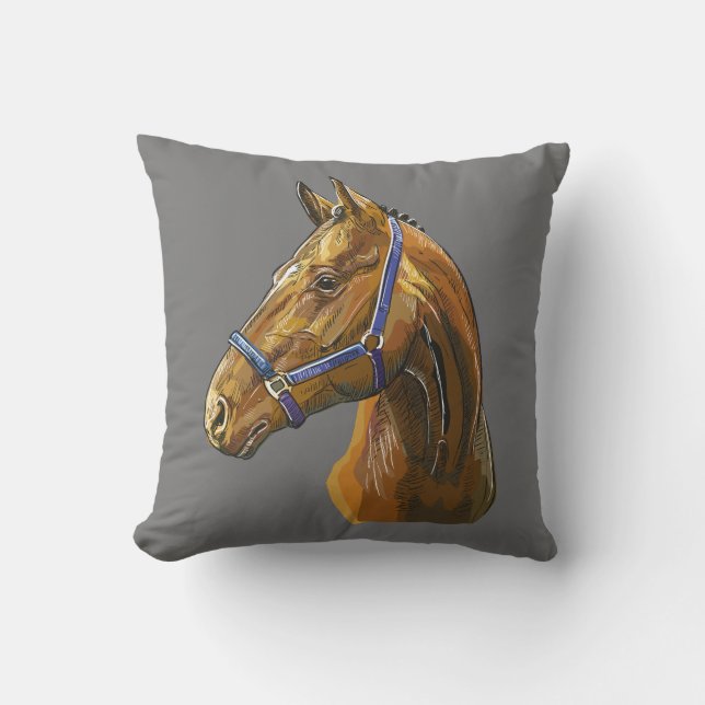 Hand drawing chestnut horse throw pillow (Front)