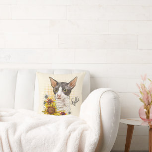Hand drawing Cornish Rex cat with sunflowers Throw Pillow