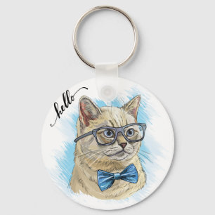 Hand drawing funny British cat in glasses Throw Pi Keychain