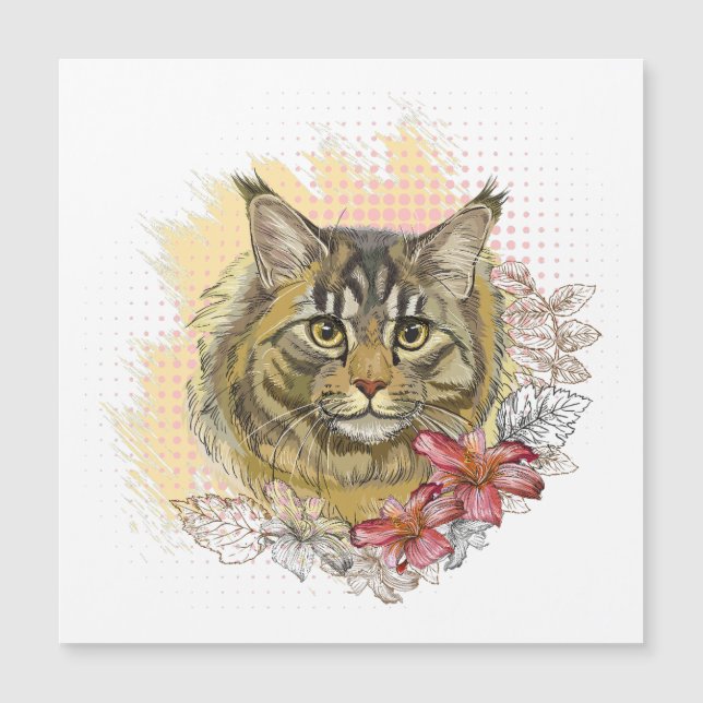 Hand drawing funny cute Maine coon with flowers (Front)