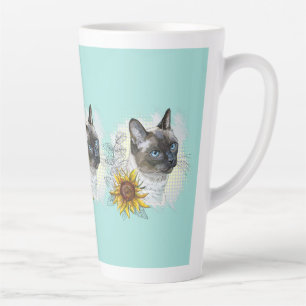 Hand drawing funny cute thai cat with flowers latte mug