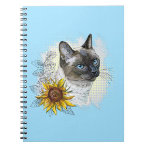 Hand drawing funny cute thai cat with flowers notebook