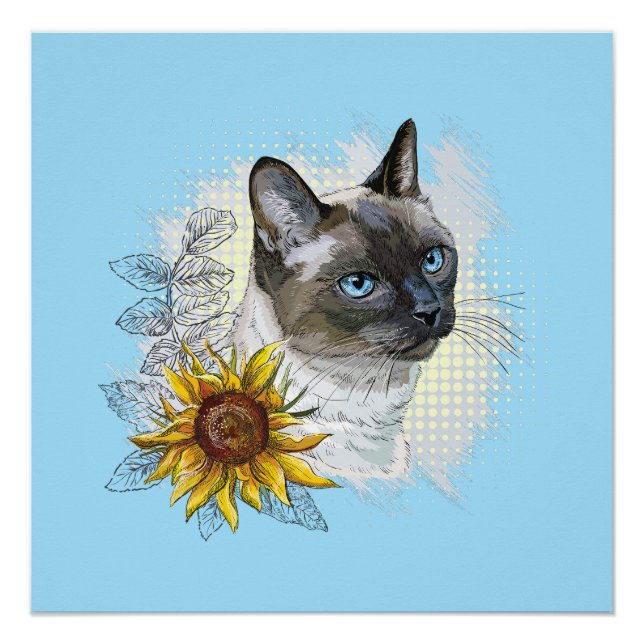 Hand drawing funny cute thai cat with flowers poster (Front)