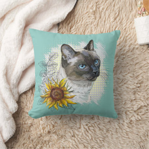 Hand drawing funny cute thai cat with flowers throw pillow