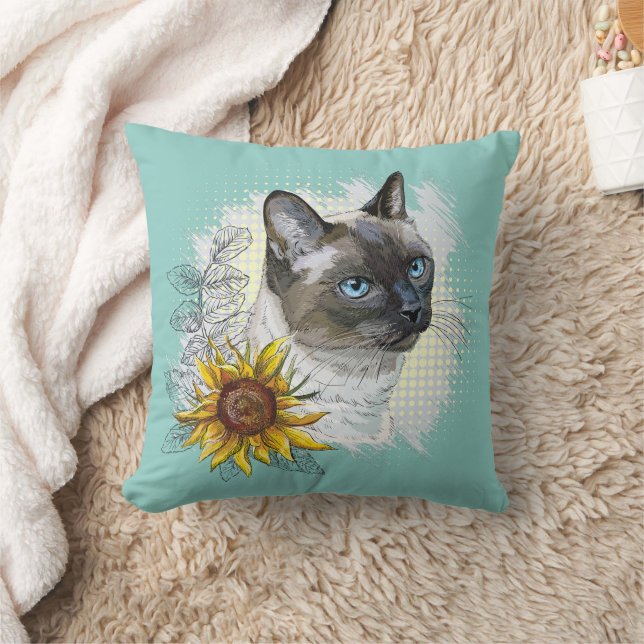 Hand drawing funny cute thai cat with flowers throw pillow (Blanket)