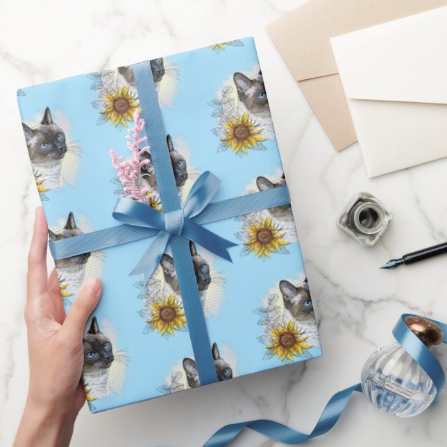 Hand drawing funny cute thai cat with flowers wrapping paper (Gifting)
