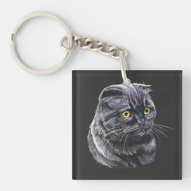 Hand drawing funny fluffy Black brittish cat. Keychain (Front)