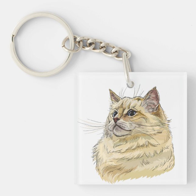Hand drawing funny fluffy Ragdoll cat Keychain (Front)
