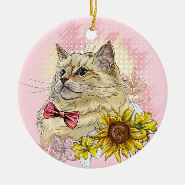 Hand drawing funny Red Ragdoll cat with flowers Ceramic Ornament (Front)