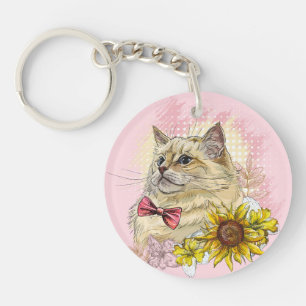 Hand drawing funny Red Ragdoll cat with flowers Keychain
