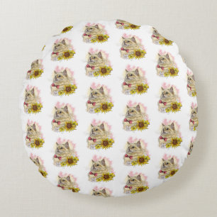 Hand drawing funny Red Ragdoll cat with flowers Round Pillow