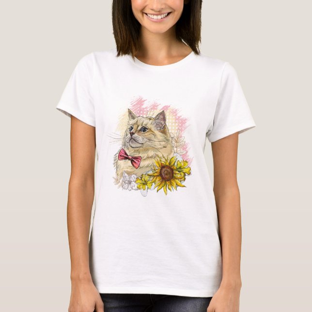 Hand drawing funny Red Ragdoll cat with flowers T-Shirt (Front)