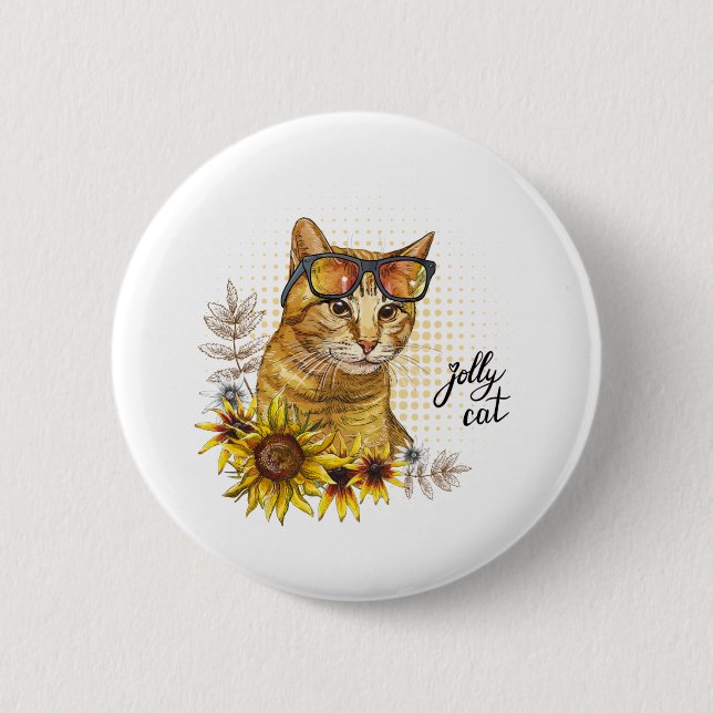 Hand drawing funny red tabby cat in glasses with s 2 inch round button (Front)