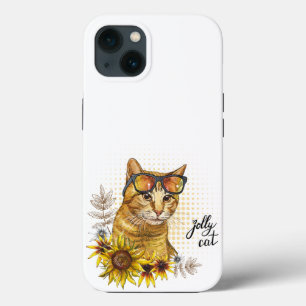 Hand drawing funny red tabby cat in glasses with s iPhone 13 case
