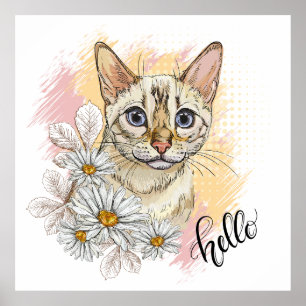 Hand drawing funny snow bengal cat with camomiles  poster