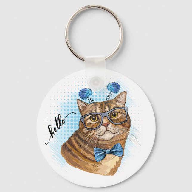 Hand drawing funny Tabby cat in glasses Paper Plat Keychain (Front)