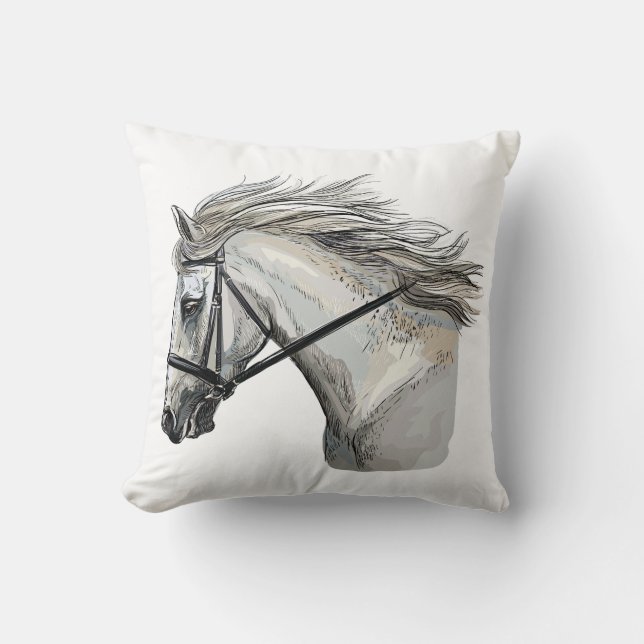 Hand drawing horse with a bridle throw pillow (Front)