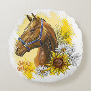 Hand drawing horse with plants and flowers throw p round pillow